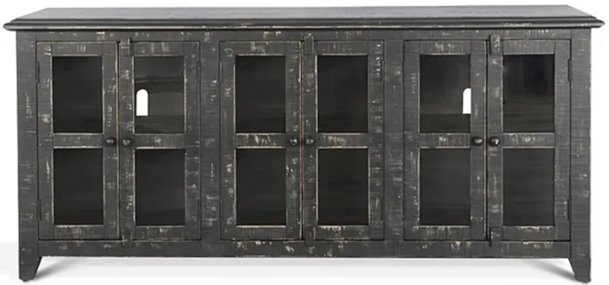 Rena TV Media Entertainment Console with Shelves, 70 Inch Rustic Black - Benzara