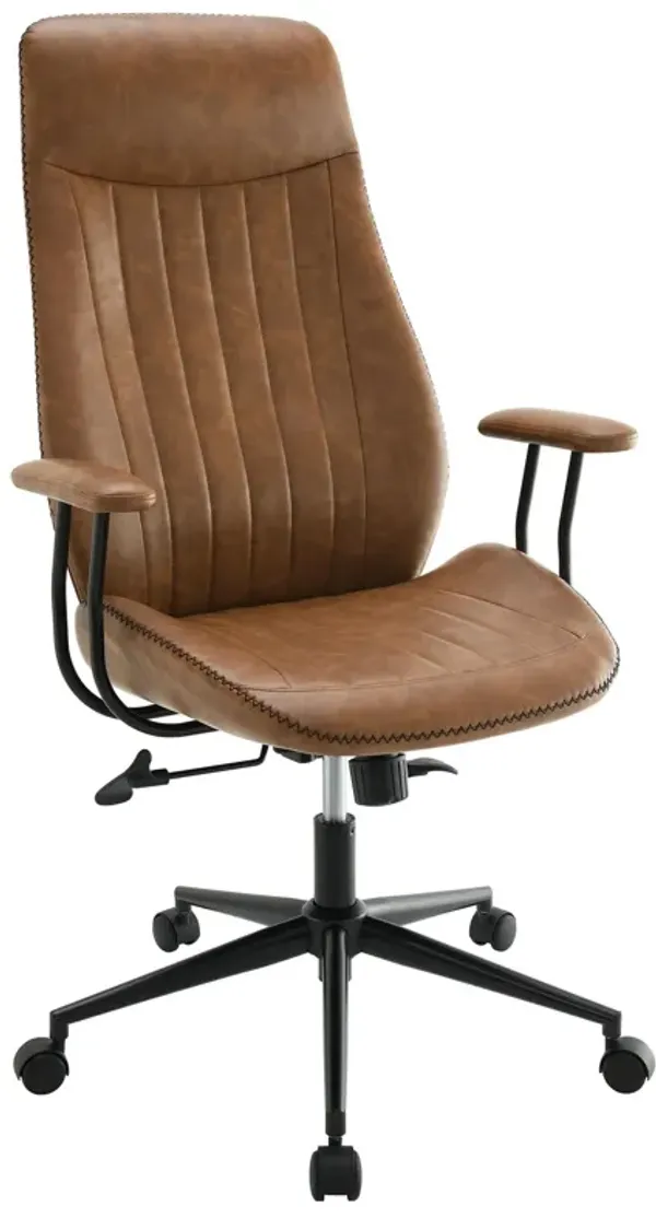 Anie Adjustable Desk Chair, Rolling Base, Brown Tufted Faux Leather - Benzara