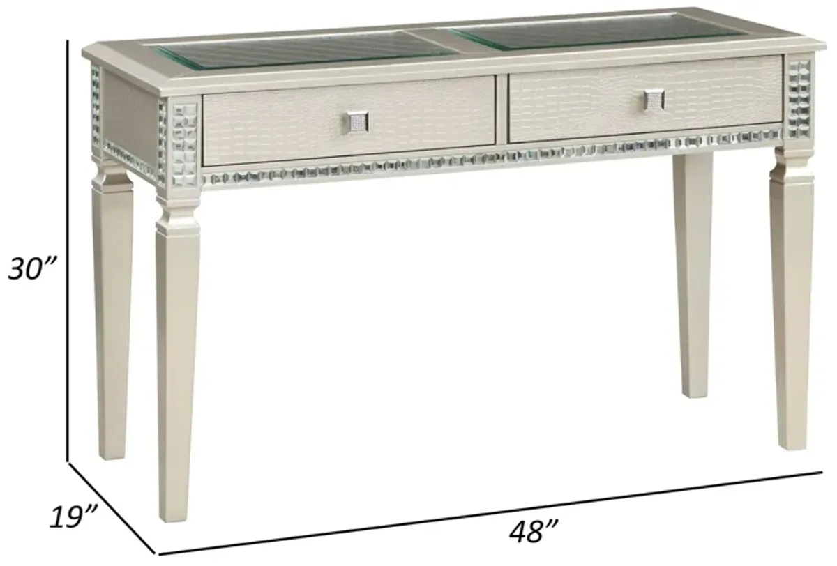 Trace 48 Inch Sofa Console Table, Glass Top, 2 Drawers, Mirror Inserts-Benzara