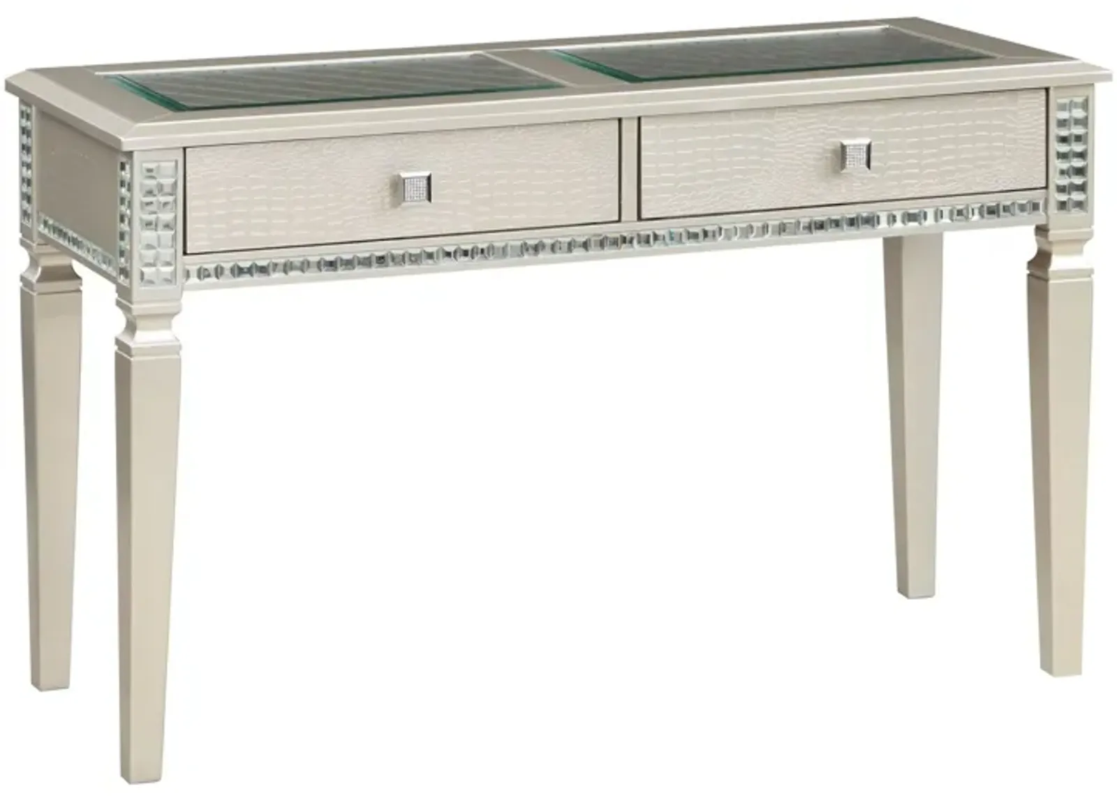 Trace 48 Inch Sofa Console Table, Glass Top, 2 Drawers, Mirror Inserts-Benzara