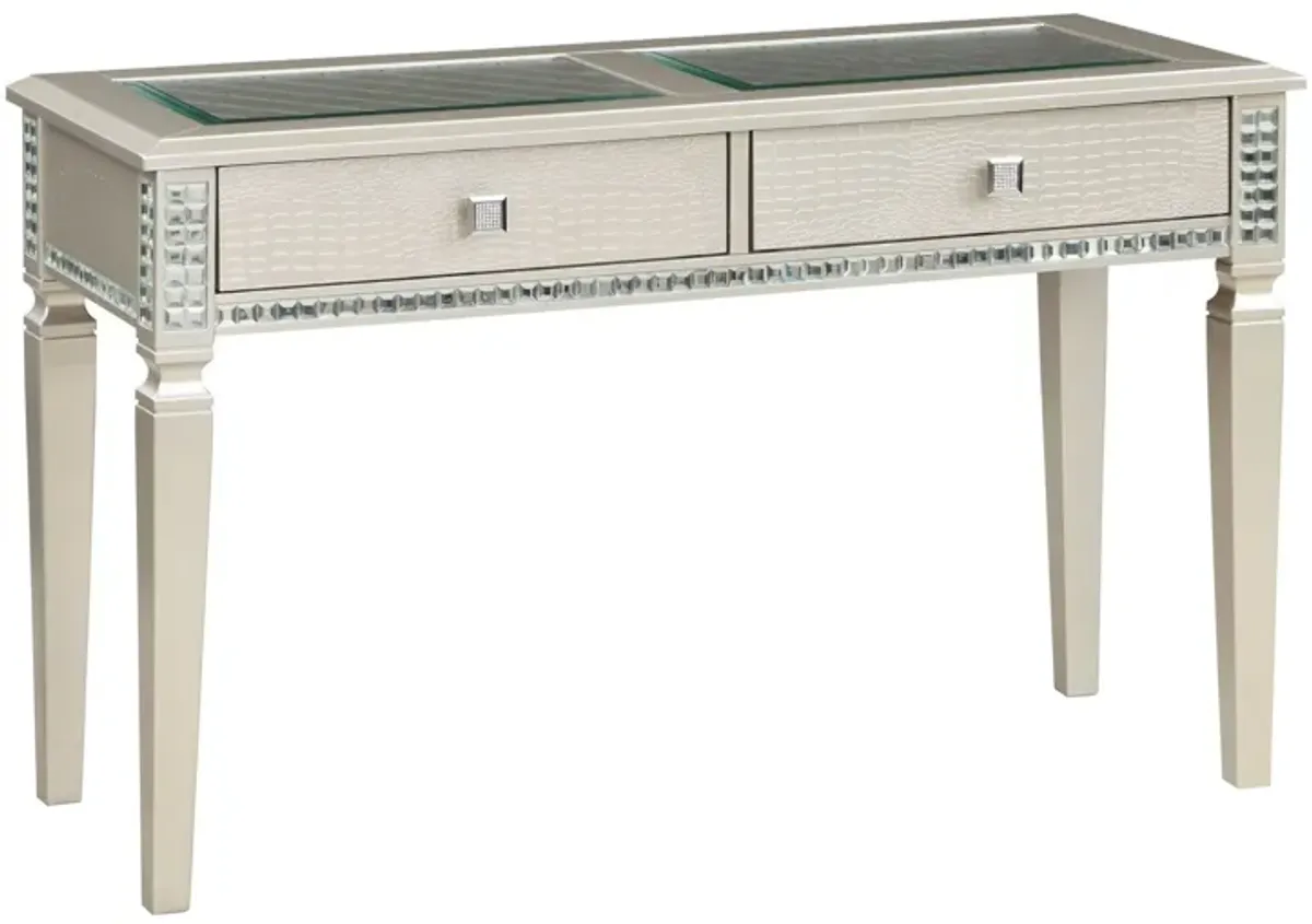 Trace 48 Inch Sofa Console Table, Glass Top, 2 Drawers, Mirror Inserts-Benzara