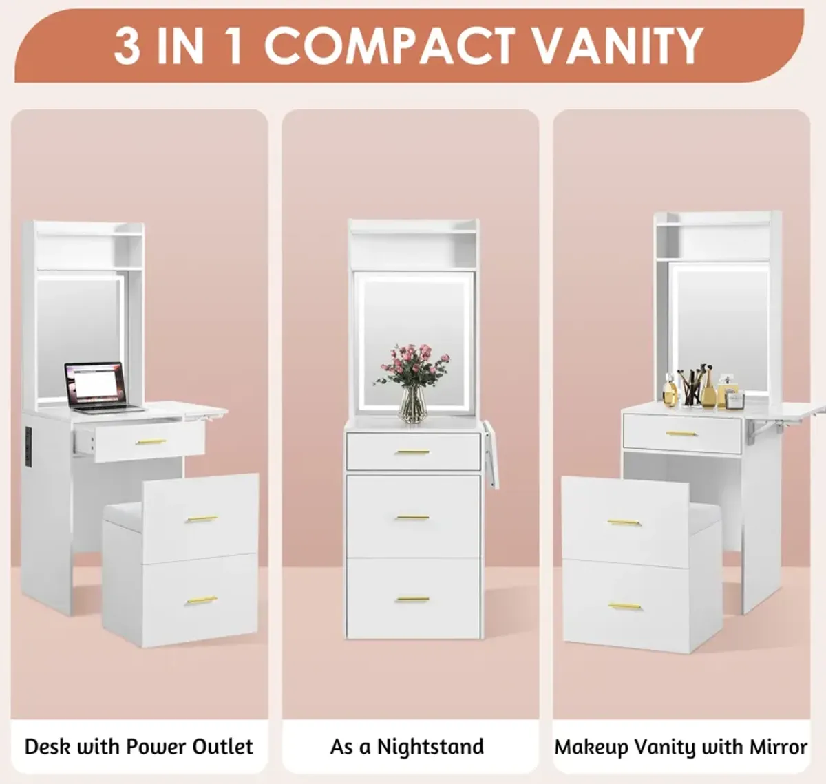 Merax Compact Makeup Vanity Set with Hidden Stool for Bedroom