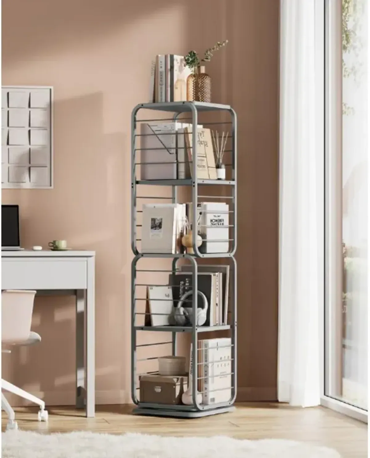 4-Tier Rotating Bookshelf with Bookends for Easy Access and Stylish Organization