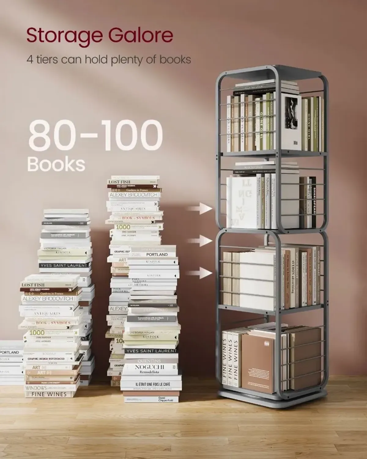 4-Tier Rotating Bookshelf with Bookends for Easy Access and Stylish Organization