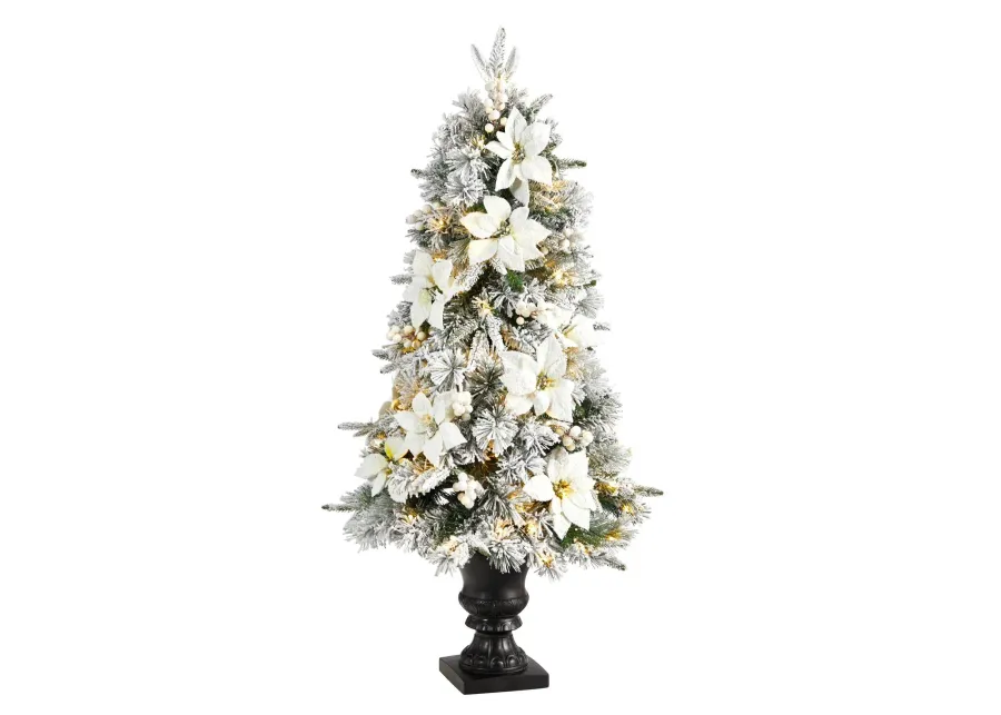 Nearly Natural 4-ft Flocked Artificial Christmas Tree with 223 Bendable Branches and 100 Warm Lights in Decorative Urn