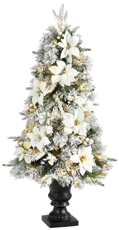 Nearly Natural 4-ft Flocked Artificial Christmas Tree with 223 Bendable Branches and 100 Warm Lights in Decorative Urn