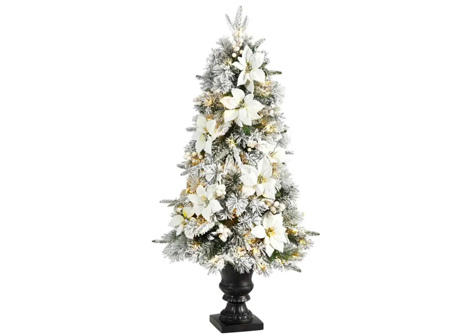 Nearly Natural 4-ft Flocked Artificial Christmas Tree with 223 Bendable Branches and 100 Warm Lights in Decorative Urn