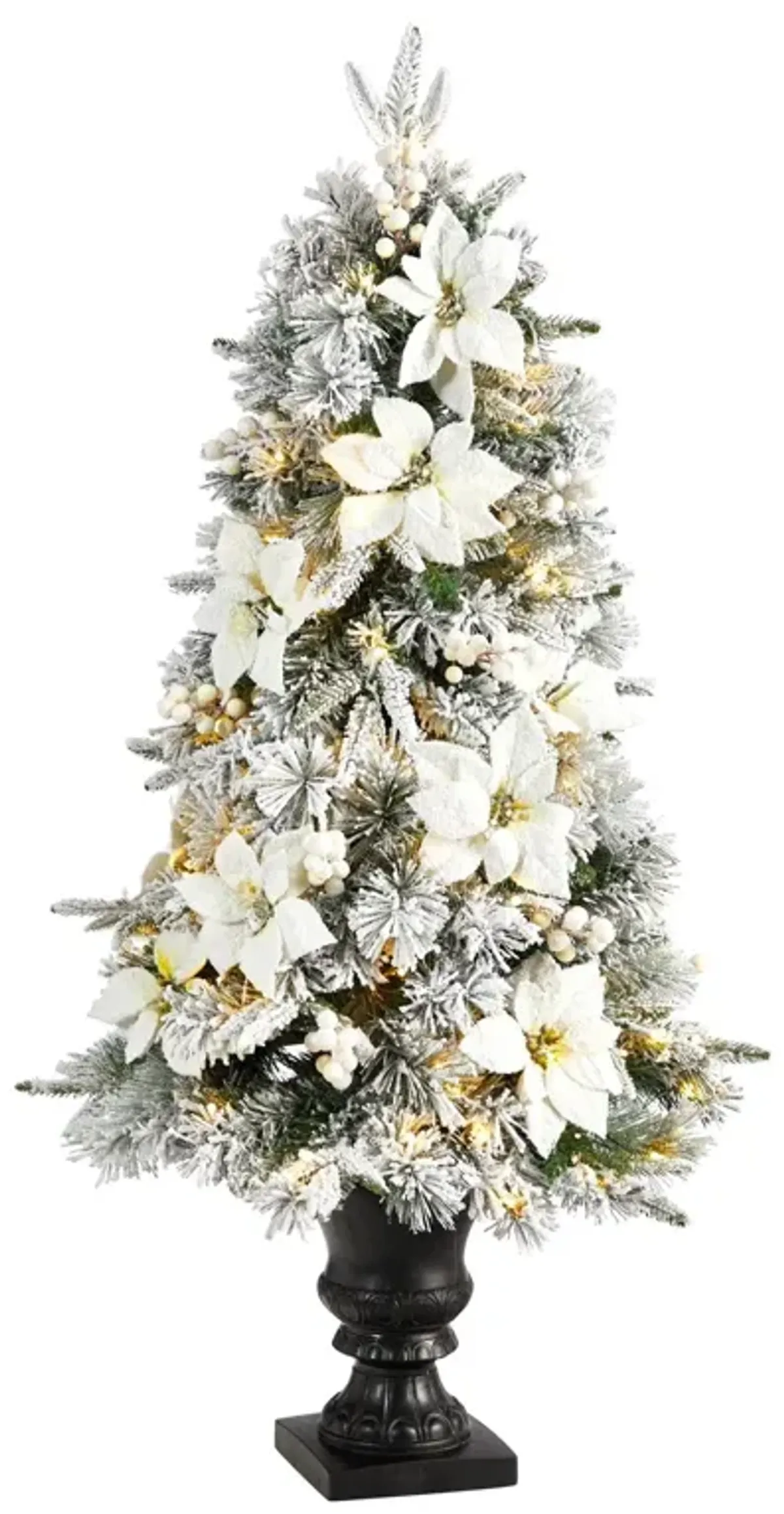 Nearly Natural 4-ft Flocked Artificial Christmas Tree with 223 Bendable Branches and 100 Warm Lights in Decorative Urn