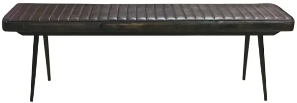 Mia 54 Inch Bench, Hand Dyed Espresso Brown Leather, Vertical Tufting  - Benzara
