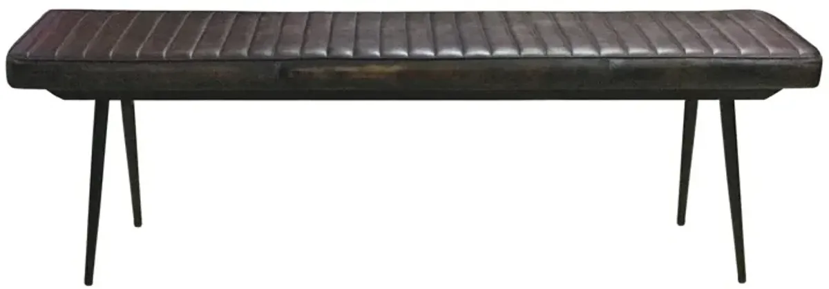 Mia 54 Inch Bench, Hand Dyed Espresso Brown Leather, Vertical Tufting -Benzara