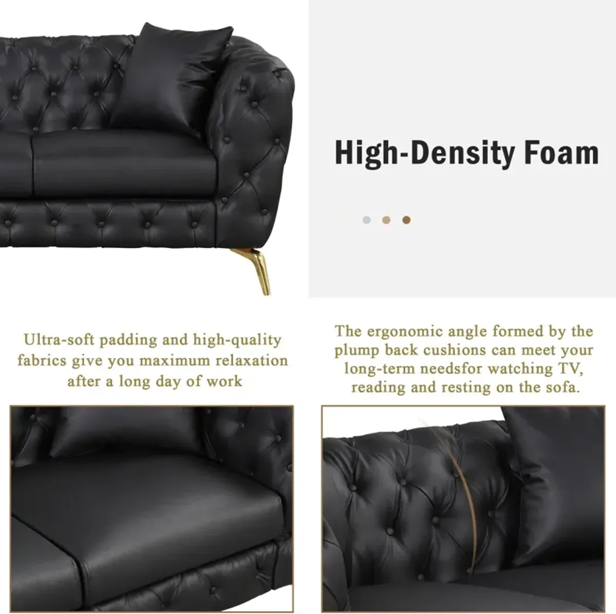 Modern PU Upholstered 3-Seater Sofa with Metal Legs