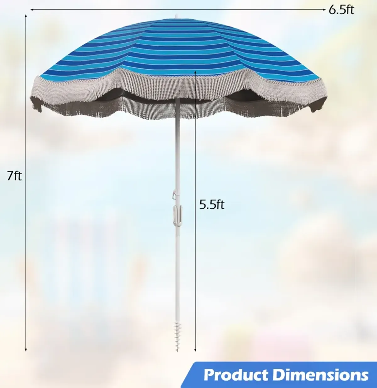 Beach Umbrella with Fringe Tassels – Stylish Outdoor Sunshade for Beach and Patio