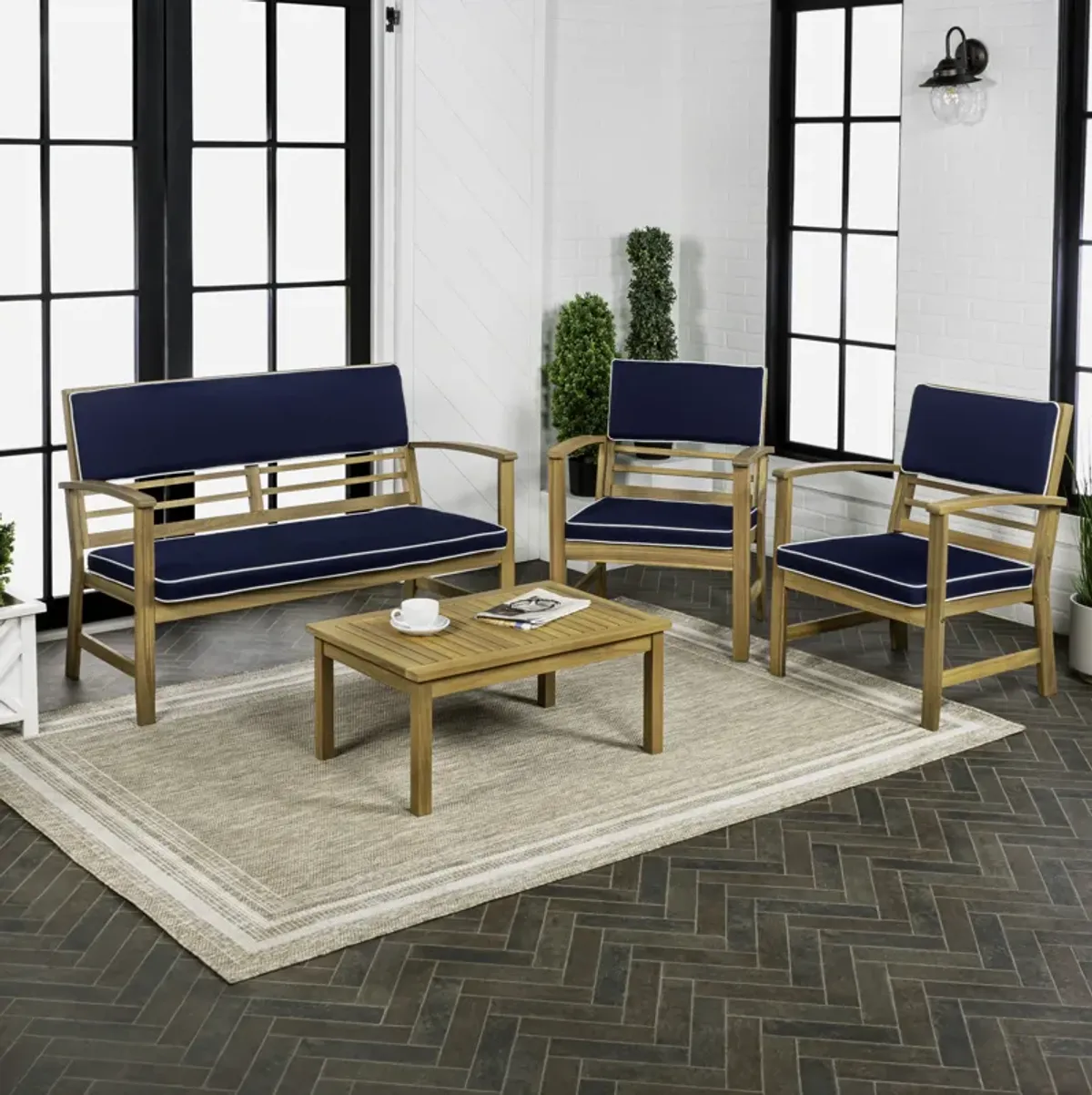 Barclay 4-Piece Modern Coastal Acacia Wood Conversation Outdoor Patio Set with Cushions