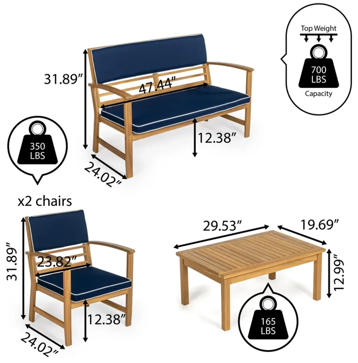 Barclay 4-Piece Modern Coastal Acacia Wood Conversation Outdoor Patio Set with Cushions