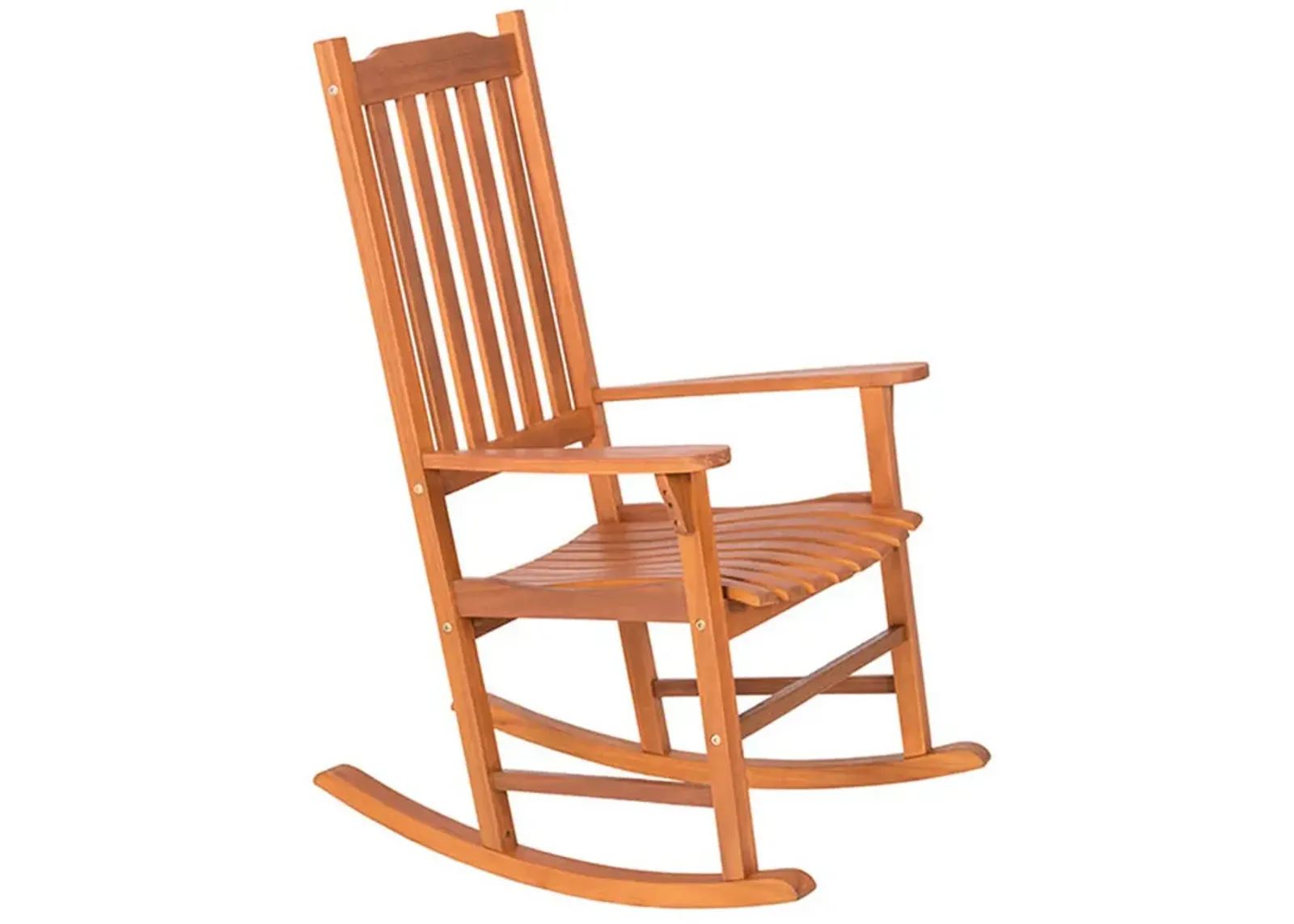 33 Inch Outdoor Rocking Chair, Natural Brown Wood, Slatted, Wide Armrests - Benzara