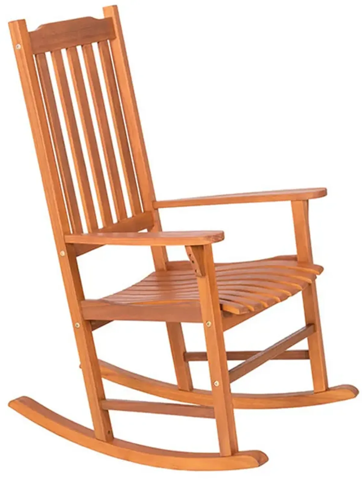 33 Inch Outdoor Rocking Chair, Natural Brown Wood, Slatted, Wide Armrests - Benzara