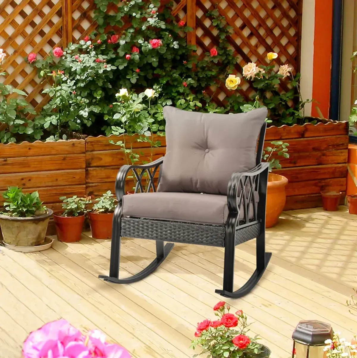 Outsunny Outdoor Wicker Rocking Chair with Padded Cushions, Aluminum Furniture Rattan Porch Rocker Chair w/ Armrest for Garden, Patio, and Backyard, Gray