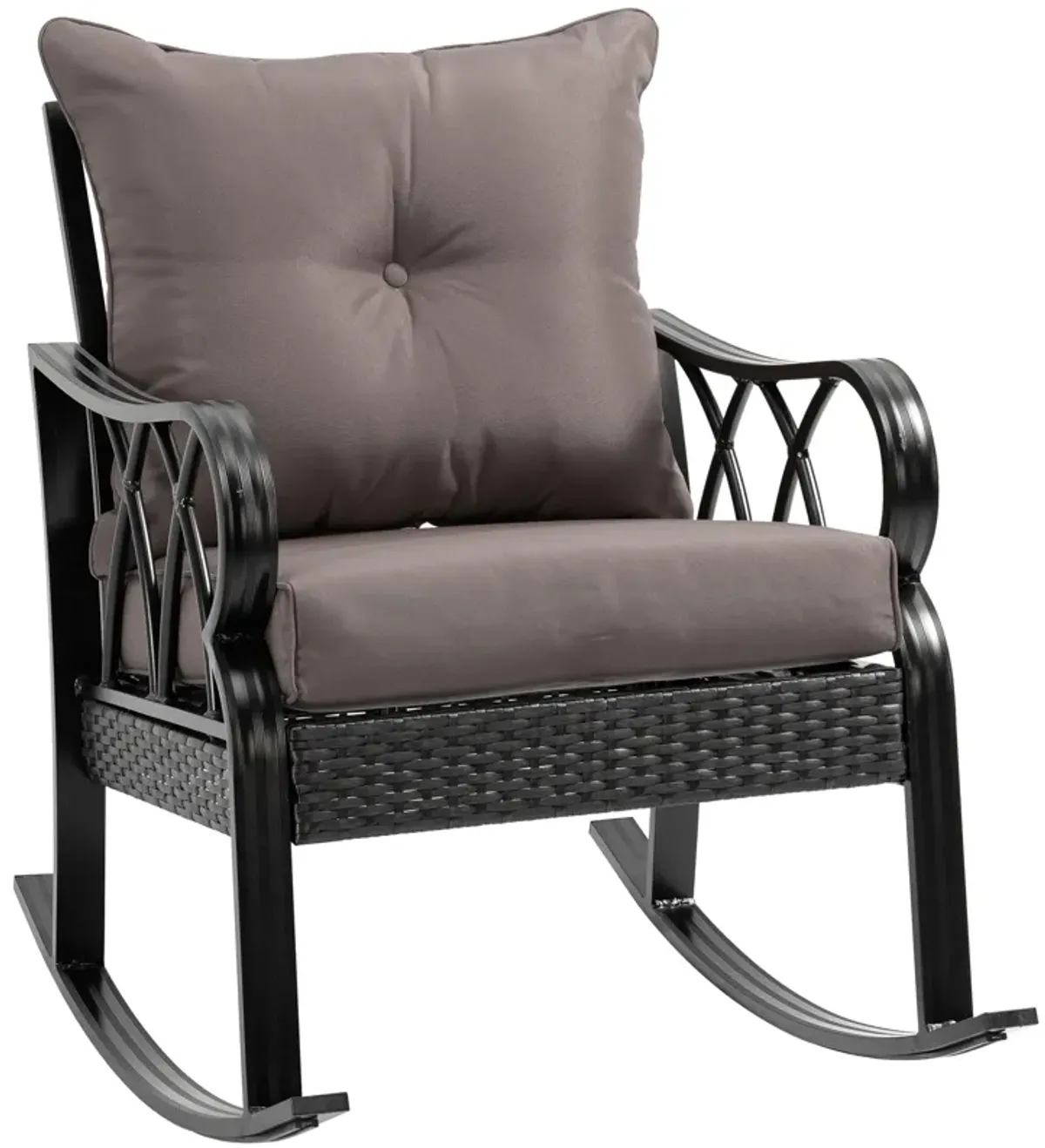 Outsunny Outdoor Wicker Rocking Chair with Padded Cushions, Aluminum Furniture Rattan Porch Rocker Chair w/ Armrest for Garden, Patio, and Backyard, Gray