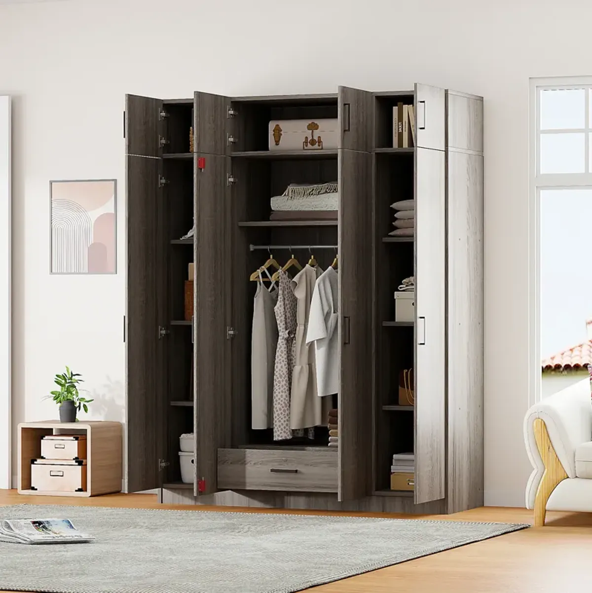 Merax 4-Door Wardrobe with 1 Drawer and Top Cabinets