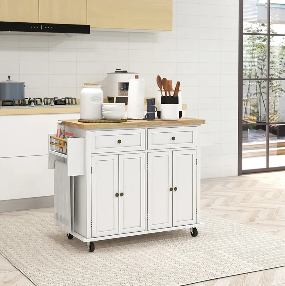 Rolling Kitchen Microwave Island with Flexible Storage Shelf Unit and Drawers