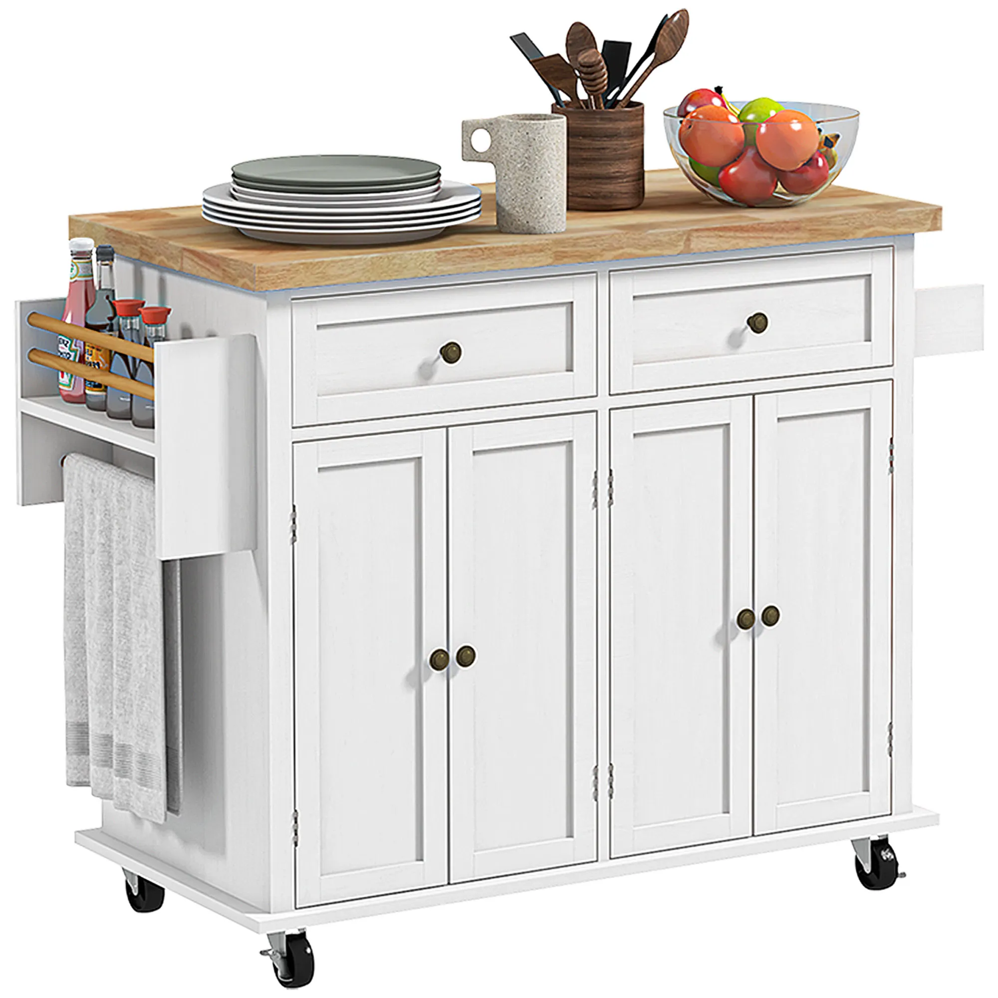 Rolling Kitchen Microwave Island with Flexible Storage Shelf Unit and Drawers