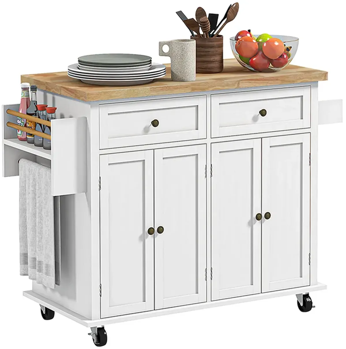 Rolling Kitchen Microwave Island with Flexible Storage Shelf Unit and Drawers