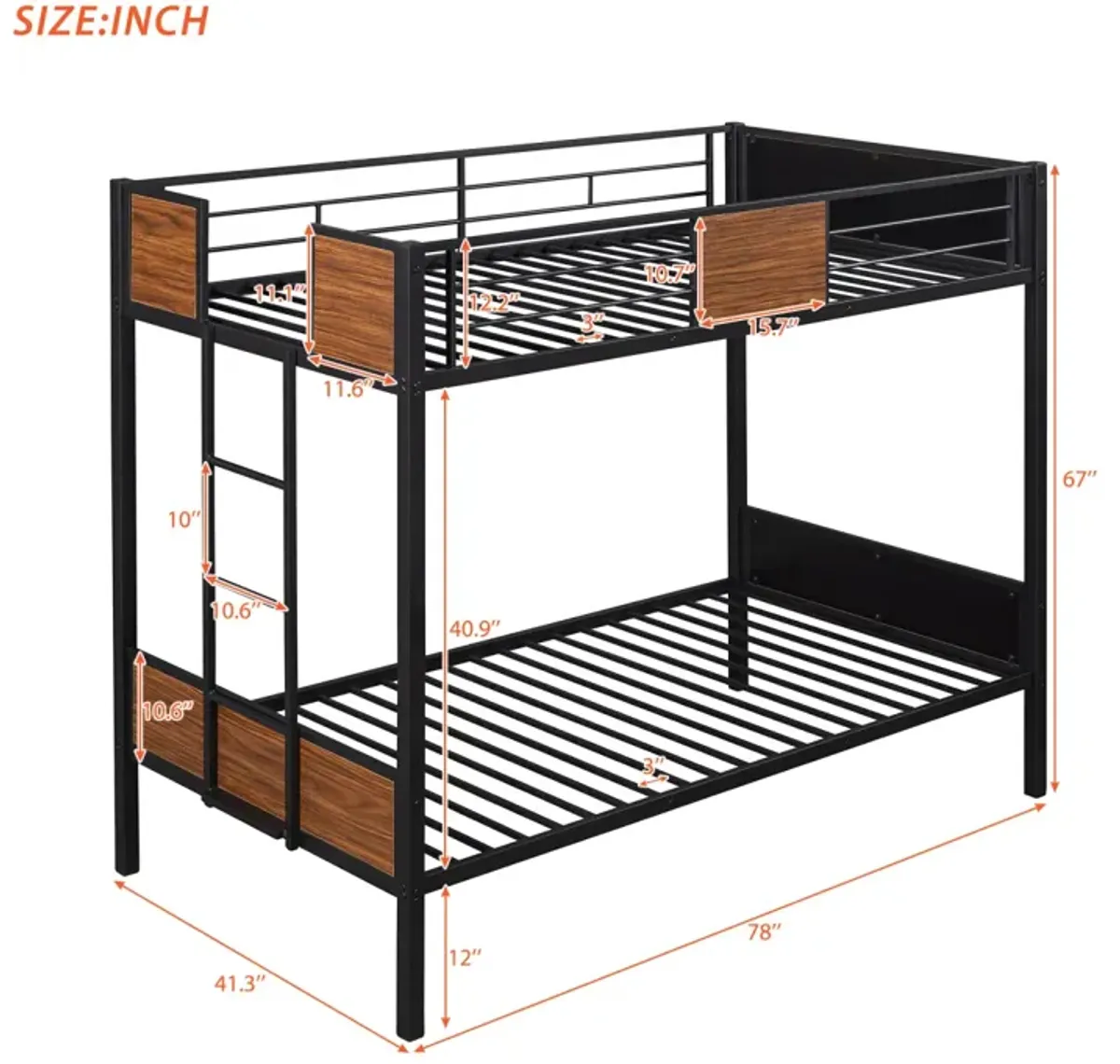 Twin-Over-Twin Bunk Bed Modern Style Steel Frame Bunk Bed With Safety Rail, Built-In Ladder