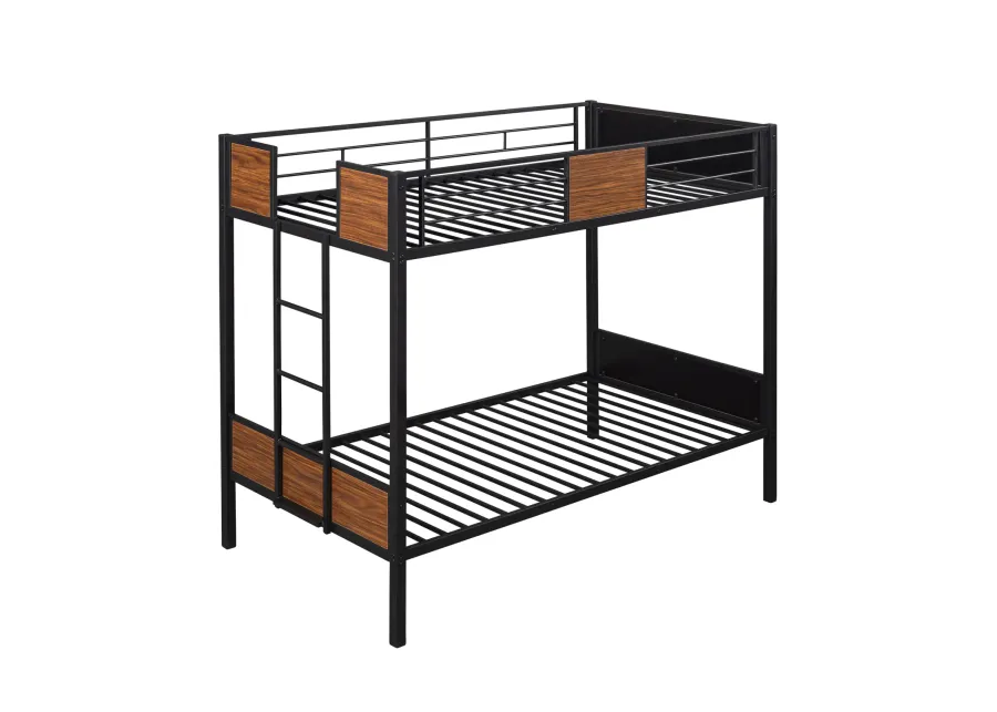 Twin-Over-Twin Bunk Bed Modern Style Steel Frame Bunk Bed With Safety Rail, Built-In Ladder