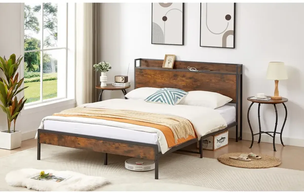 Bed Frame With Charging Station Queen Size, 87.80" L X 61.80" W X 39.2" H