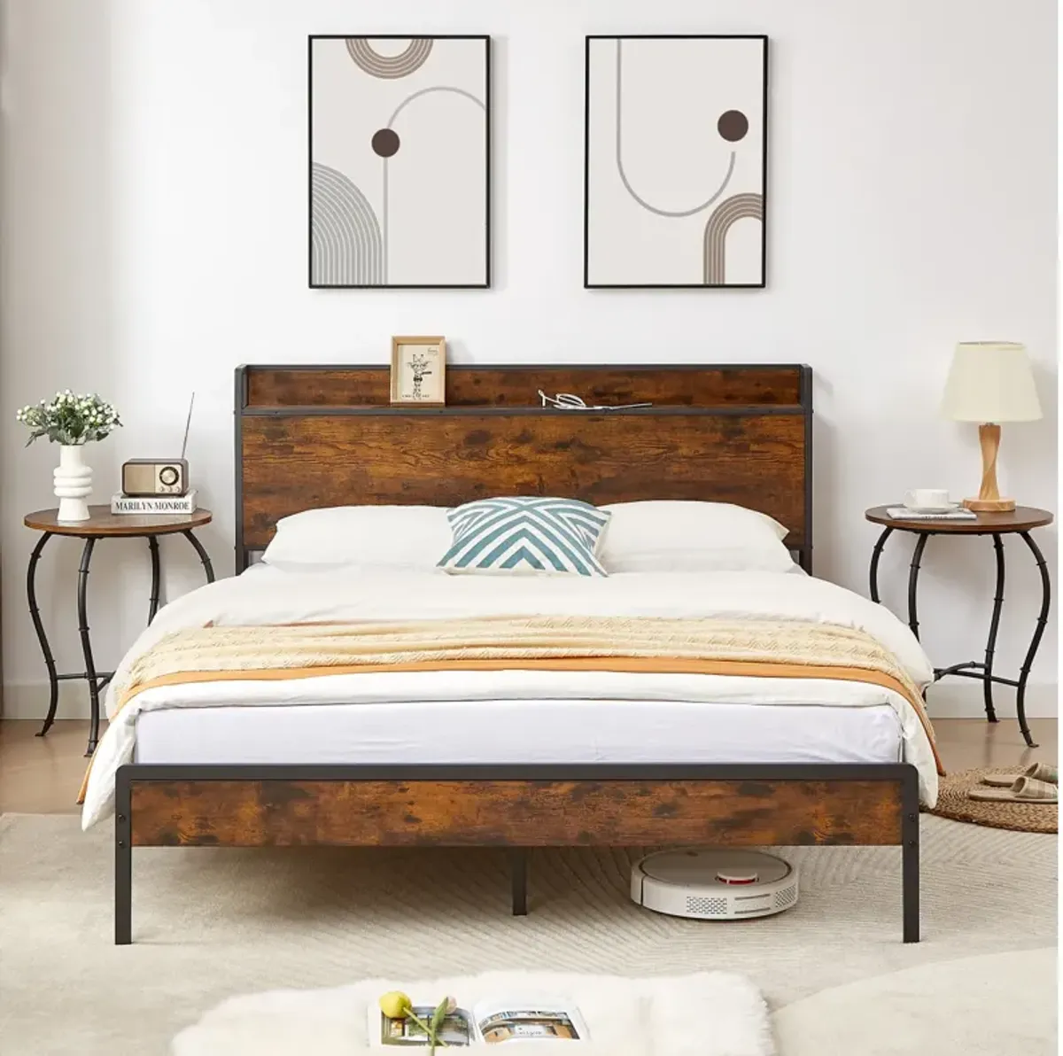 Bed Frame With Charging Station Queen Size, 87.80" L X 61.80" W X 39.2" H