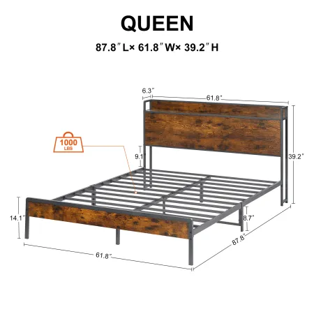 Bed frame with charging station queen size,87.80" L x 61.80" W x 39.2" H