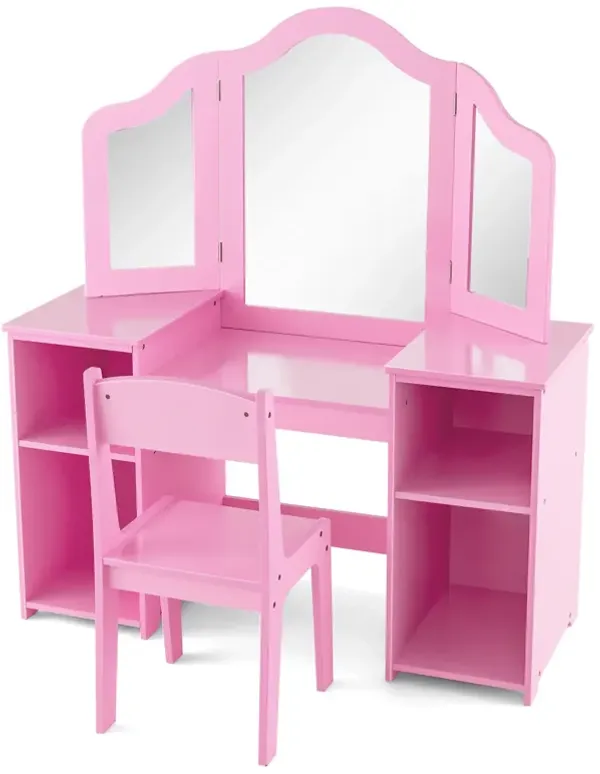Kids Vanity Table and Chair Set with Removable Tri-Folding Mirror