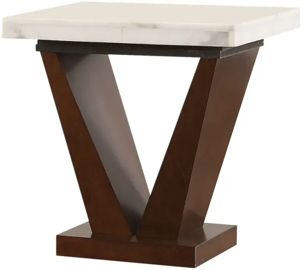 Square Marble Top End Table With Wooden "V" Shape Base, White And Brown-Benzara