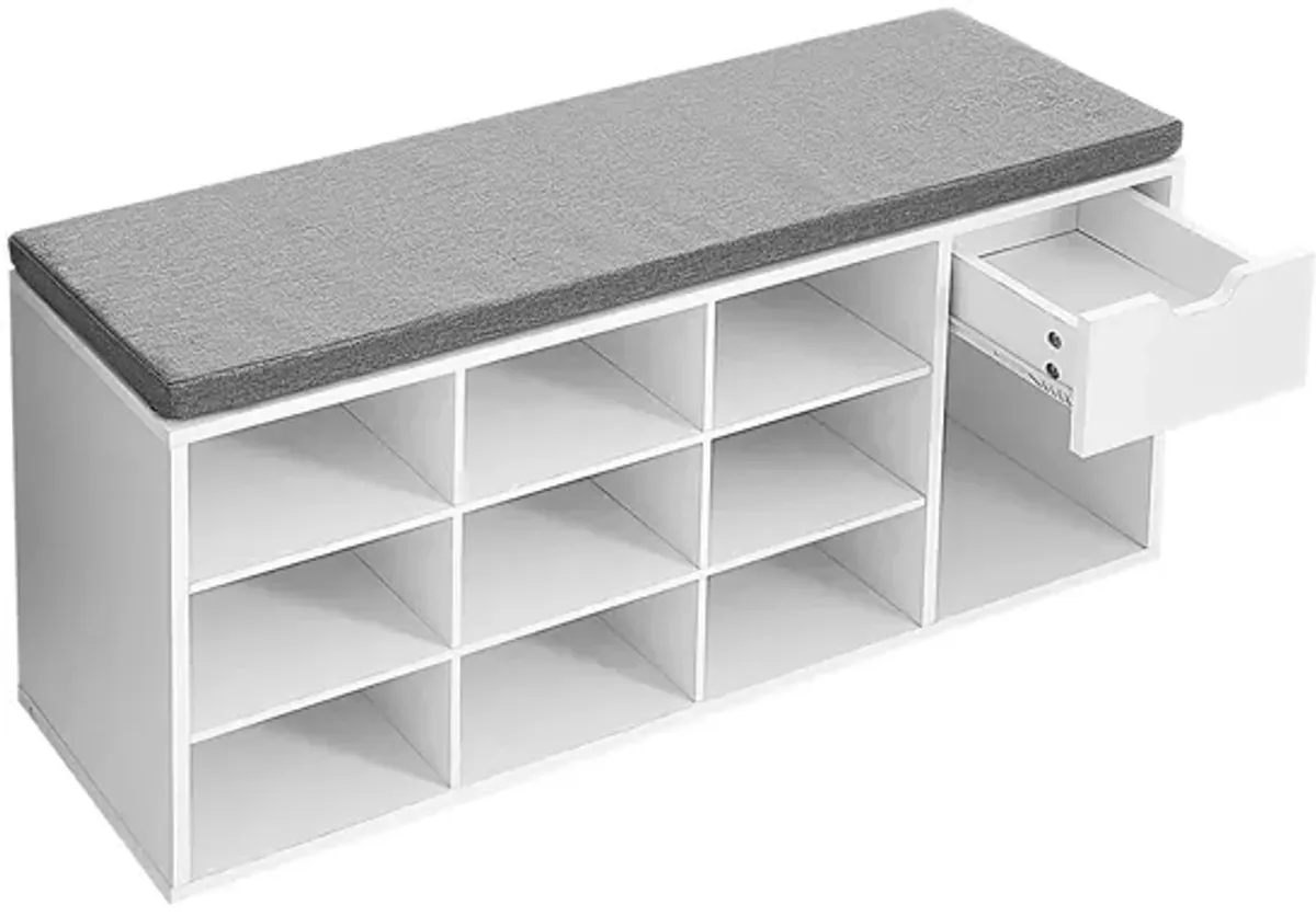 Versatile Storage Bench with Cushion, Drawer, and Open Shelves for Organized Living