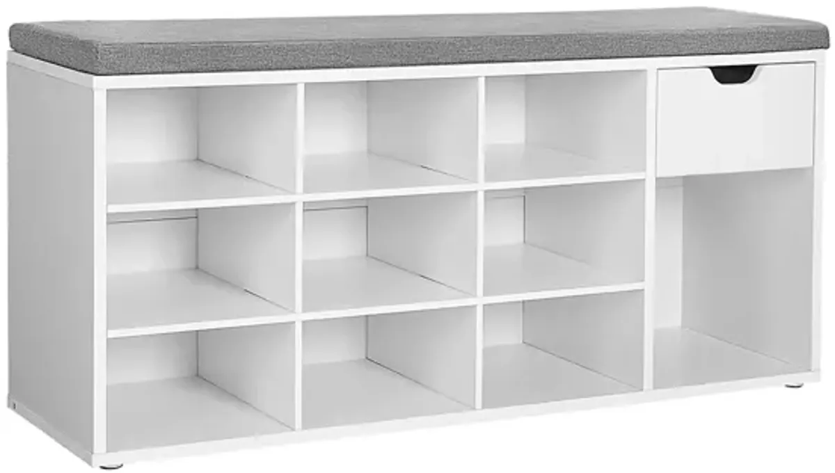 Versatile Storage Bench with Cushion, Drawer, and Open Shelves for Organized Living