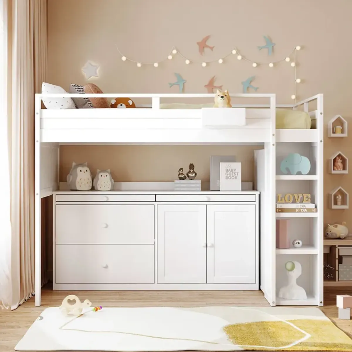 Loft Bed With Rolling Cabinet And Desk