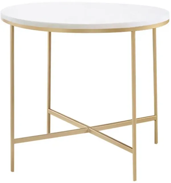 24 Inch Side End Table, Rounded Marble Surface, Sleek Gold Metal Frame-Benzara