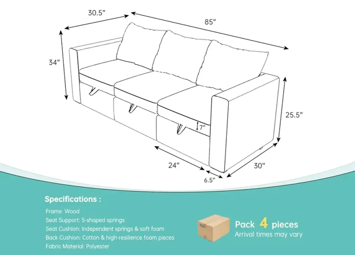 Livelylodge Modular 3-Seat Sofa with Wooden Frame and Pull-Out Bed,  Convertible Sectional Sofa for Living Room, Available in Black, White, and Gray 85" L x 30.5" W x 34" H.