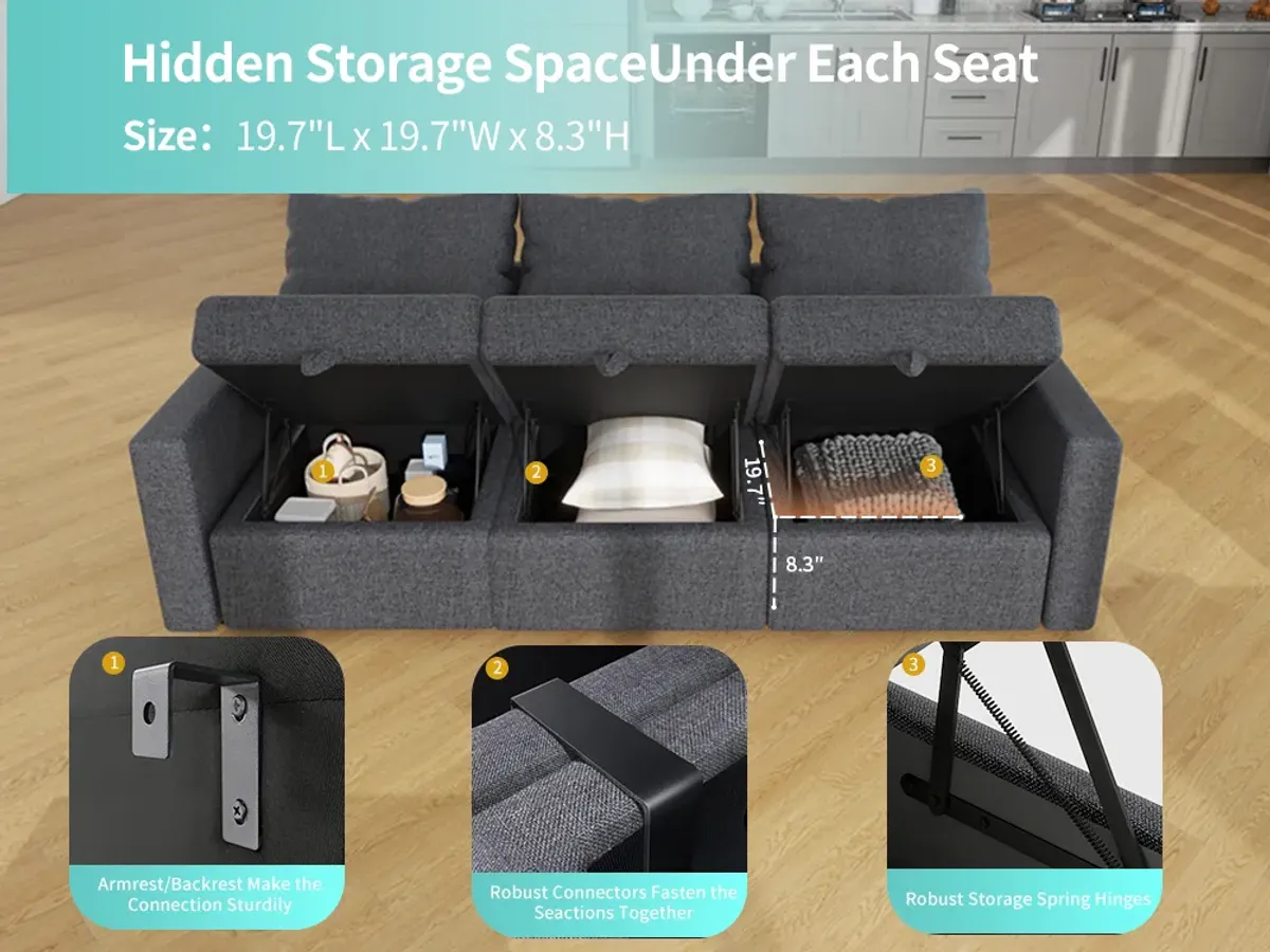 Livelylodge Modular 3-Seat Sofa with Wooden Frame and Pull-Out Bed,  Convertible Sectional Sofa for Living Room, Available in Black, White, and Gray 85" L x 30.5" W x 34" H.