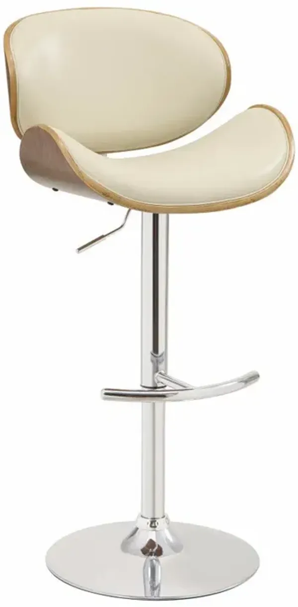 Mid Century Small Back Adjustable Bar Height Stool, Cream & Walnut - Benzara