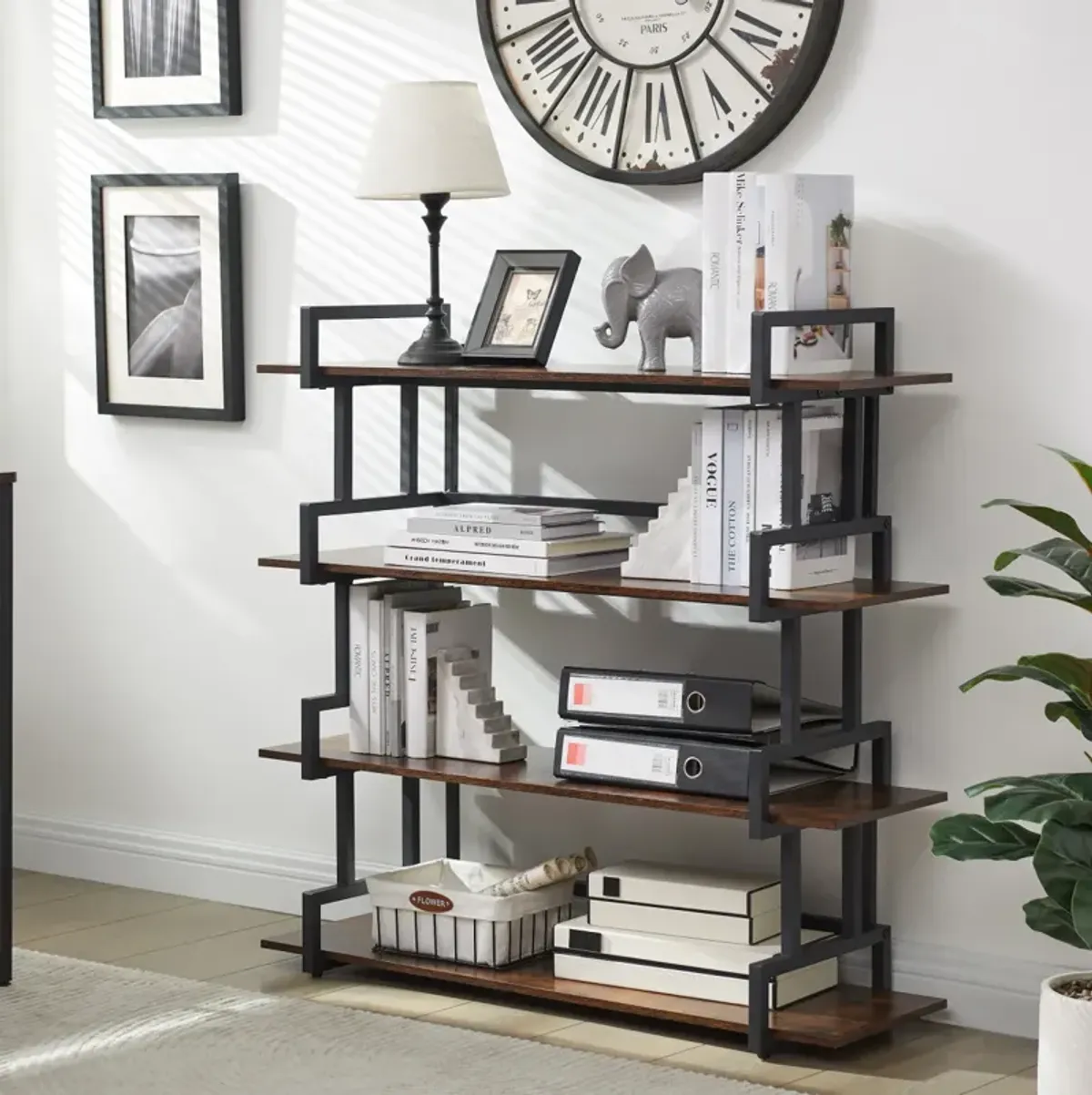 Rustic Wood Metal Bookcase for Home & Office