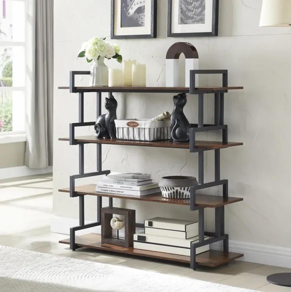 Rustic Wood Metal Bookcase for Home & Office