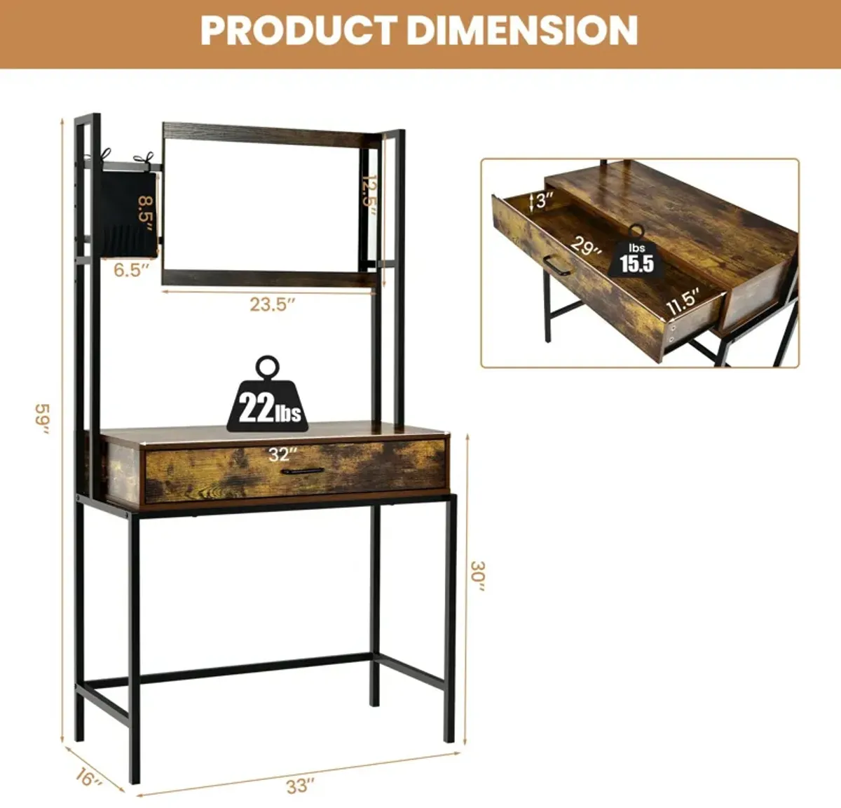 Industrial Vanity Table with 3-Height Adjustable Mirror Bag