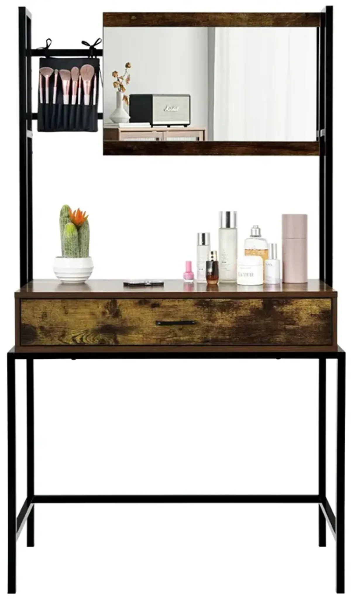 Industrial Vanity Table with 3-Height Adjustable Mirror Bag