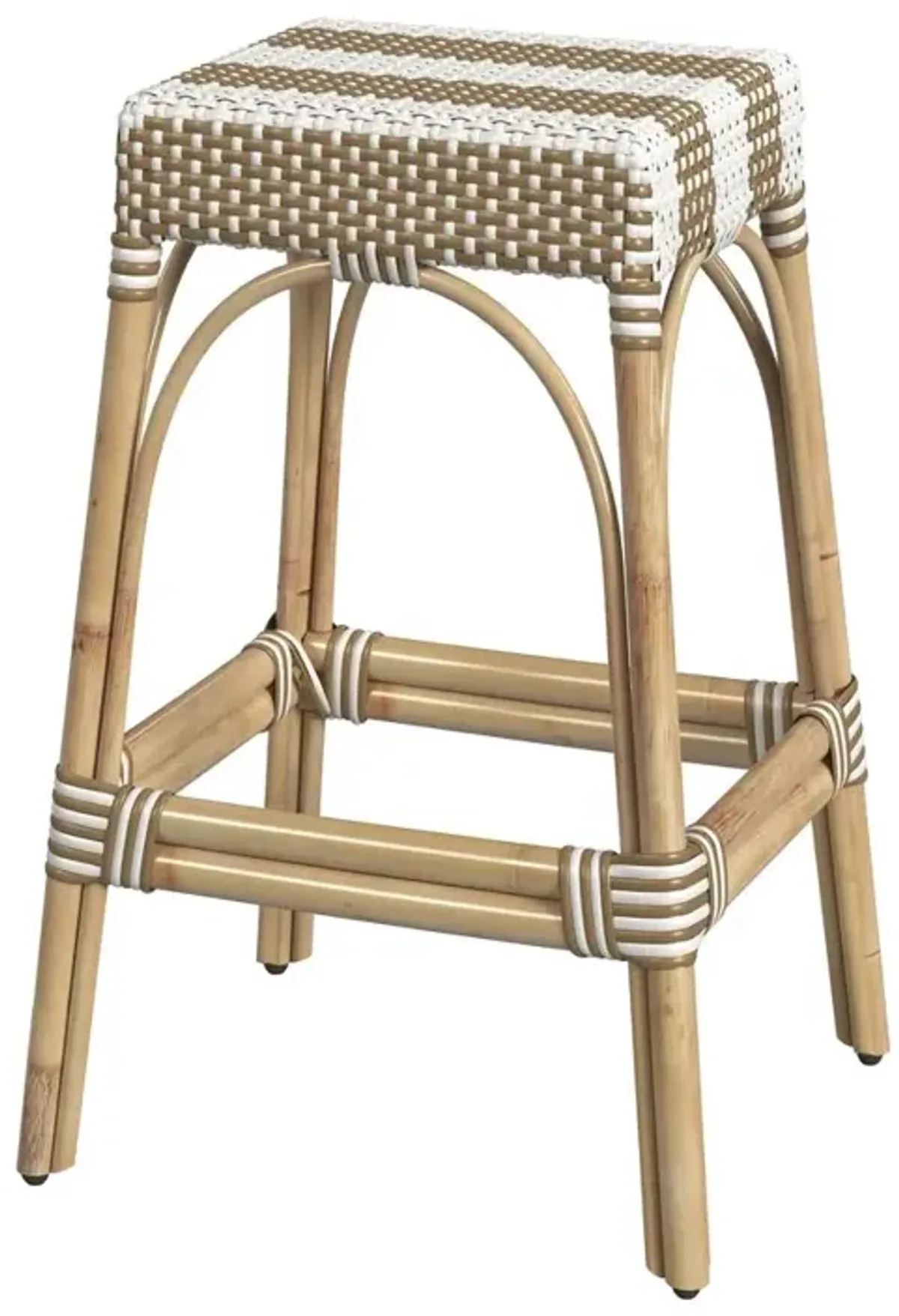Butler Specialty Robias Rectangular Rattan 30 Bar Stool, Tan and White Stripe