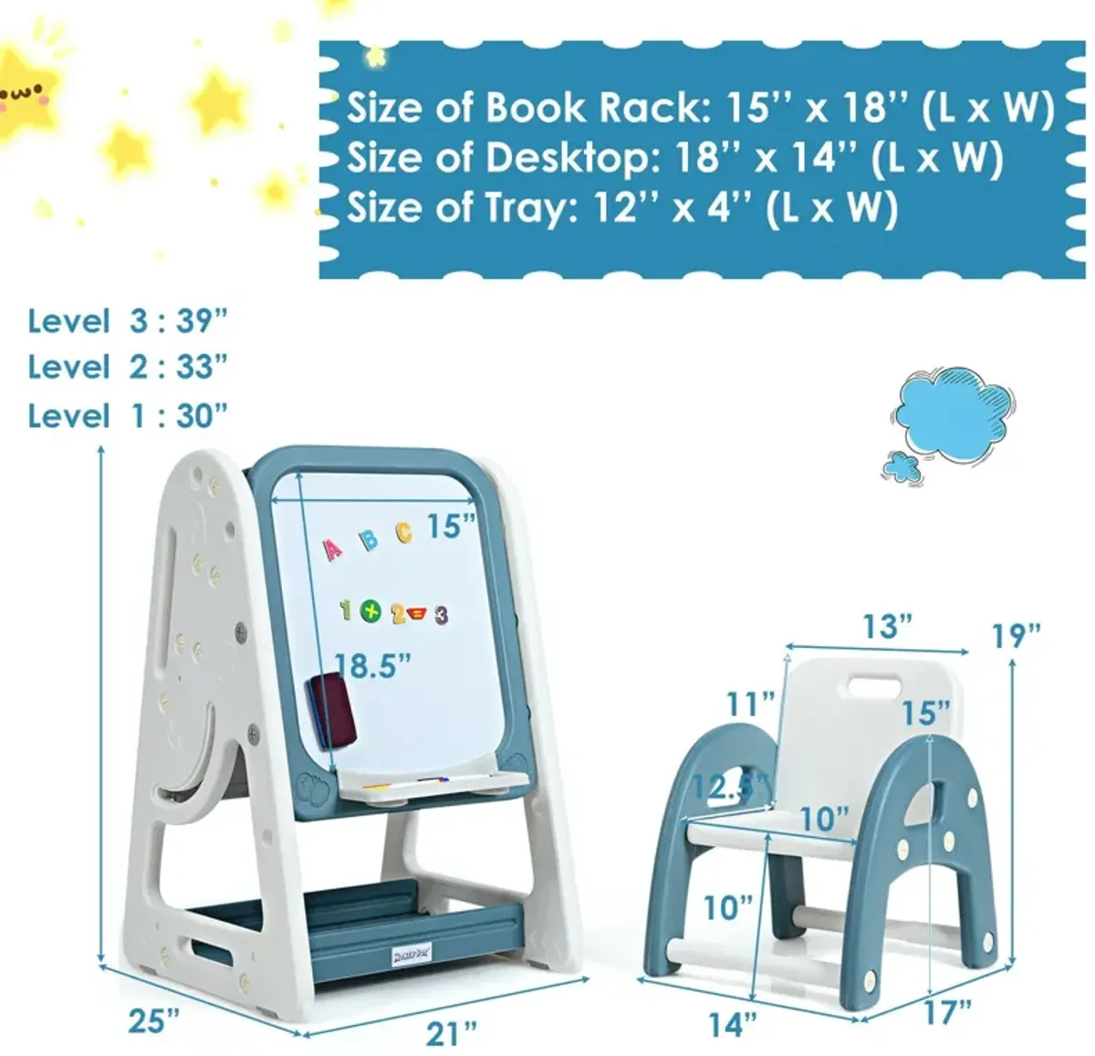 2-in-1 Kids Easel Desk Chair Set Book Rack Adjustable Art Painting Board