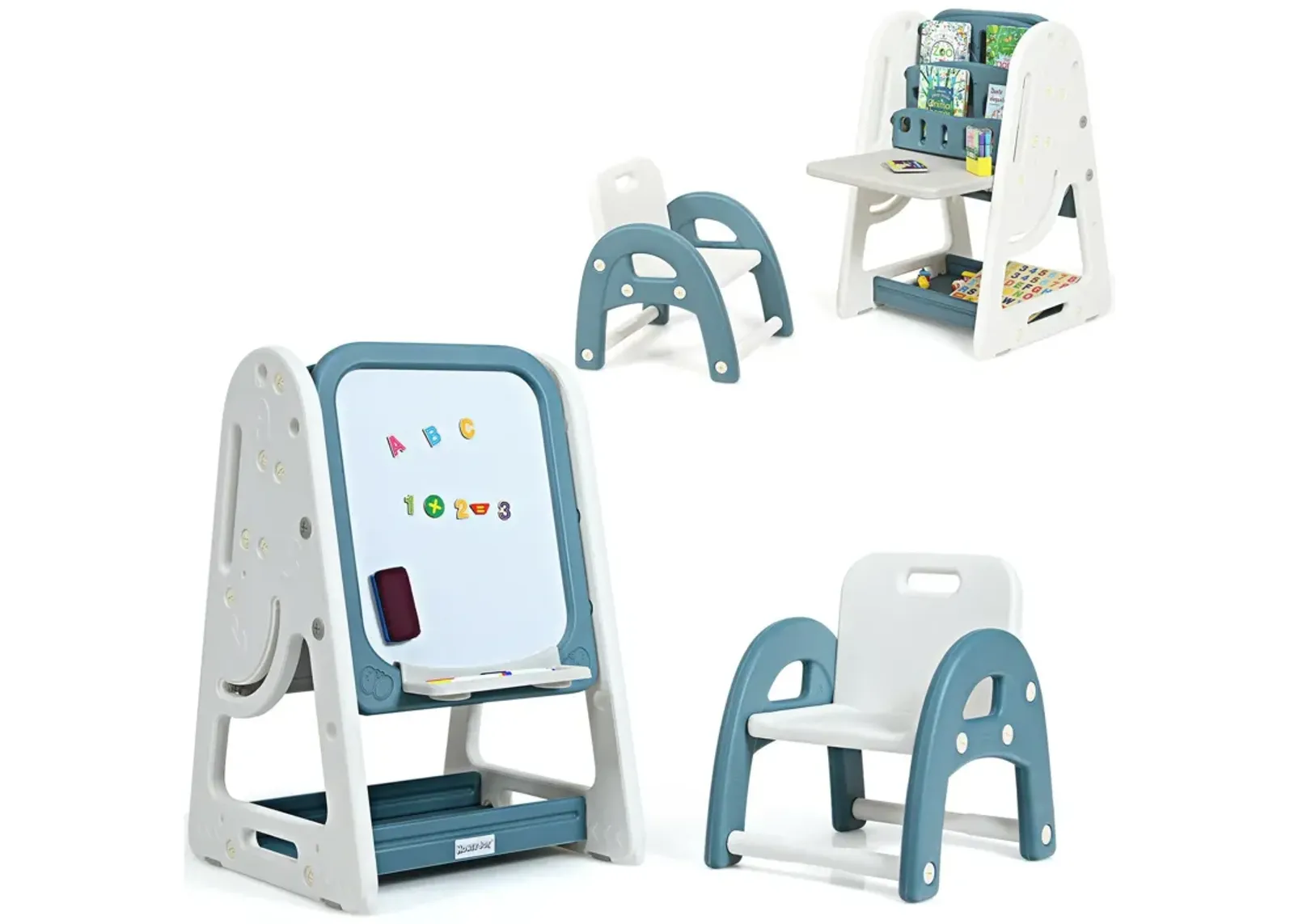 2-in-1 Kids Easel Desk Chair Set Book Rack Adjustable Art Painting Board