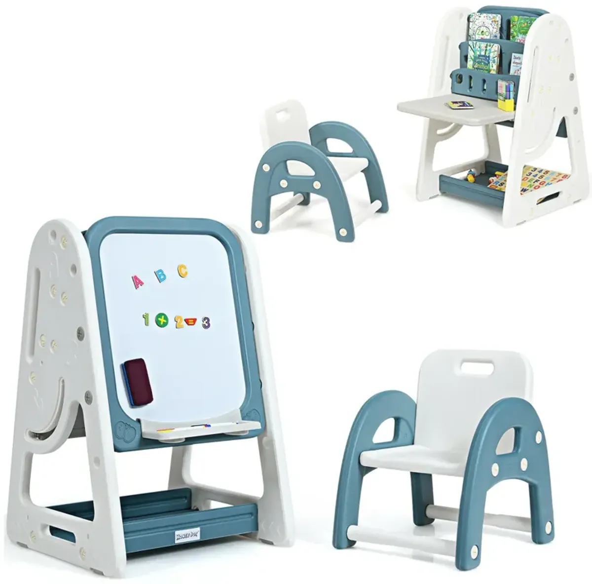 2-in-1 Kids Easel Desk Chair Set Book Rack Adjustable Art Painting Board