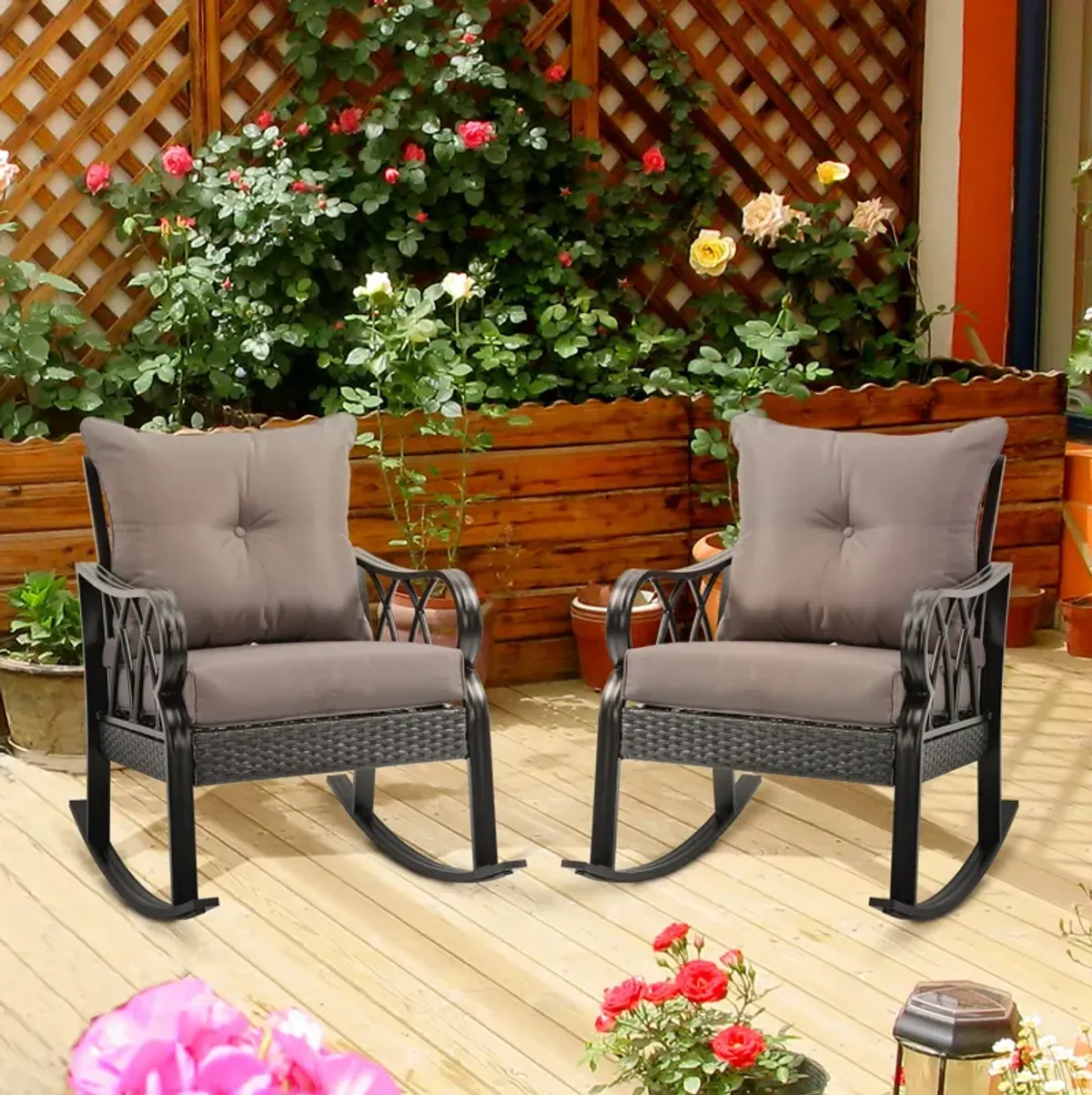 Outsunny 2 Piece Outdoor Wicker Rocking Chairs with Padded Cushions, Aluminum Furniture Rattan Porch Rocker Chairs w/ Armrest for Garden, Patio, and Backyard, Gray