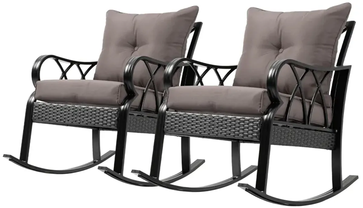 Outsunny 2 Piece Outdoor Wicker Rocking Chairs with Padded Cushions, Aluminum Furniture Rattan Porch Rocker Chairs w/ Armrest for Garden, Patio, and Backyard, Gray